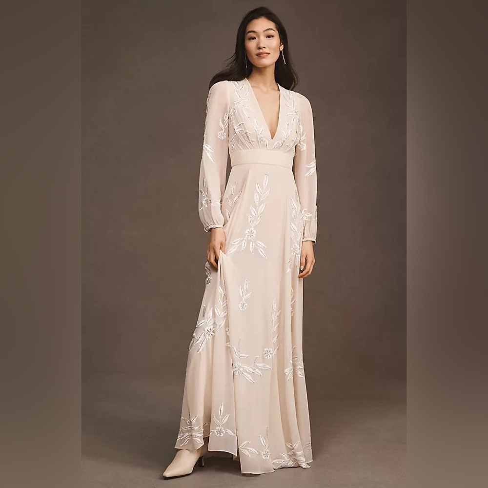 BHLDN Belize Embroidered A-Line Long Sleeve V Neck Gown (size 6)